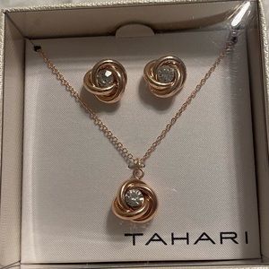 Tahari Rose Gold and Rhinestone necklace and earring set